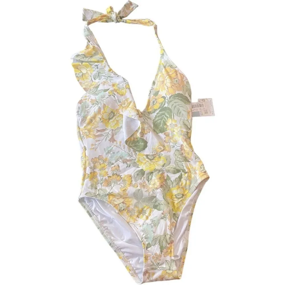 NWT Antonio Melani‎ Floral Ruffle Halter One Piece Swimsuit Size XS